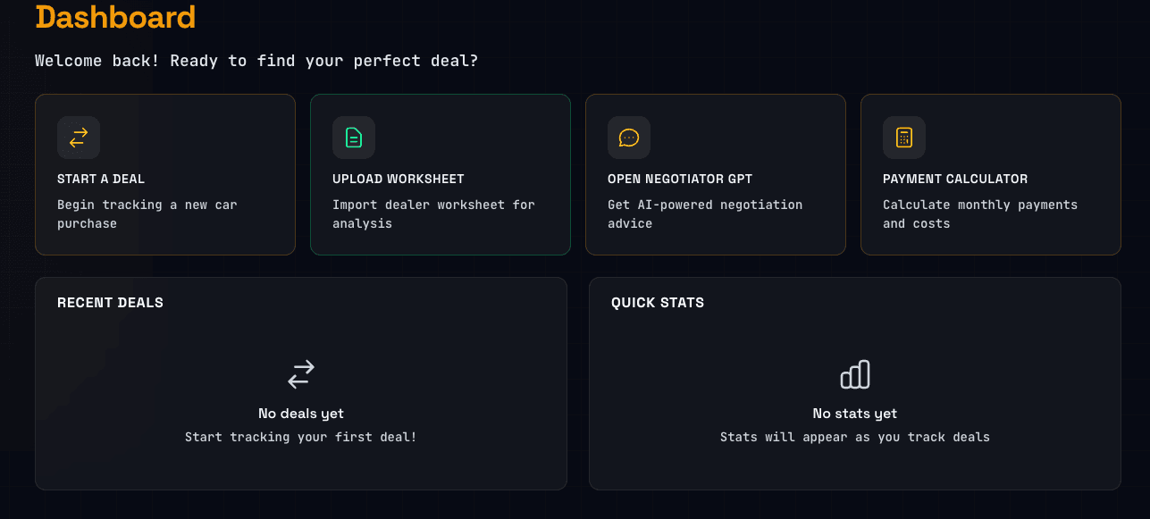 Car Deal Coach dashboard: track deals, view stats, and access all tools
