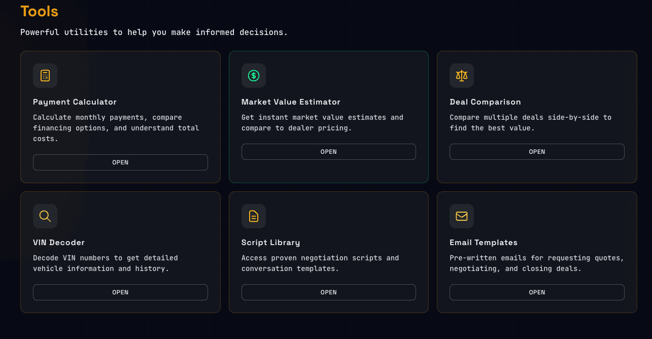 Car Deal Coach tools suite: calculator, market value, VIN decoder, scripts and more