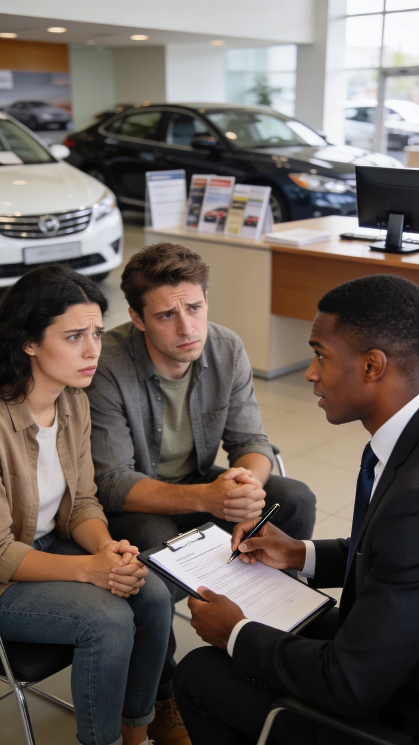 Couple feeling pressured at a car dealership